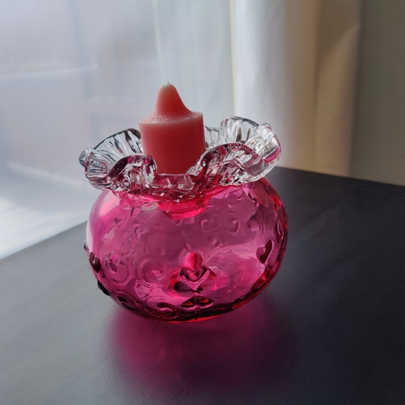 Cranberry Glass Candle Holder with Ruffled Edge - Picture 6 of 13